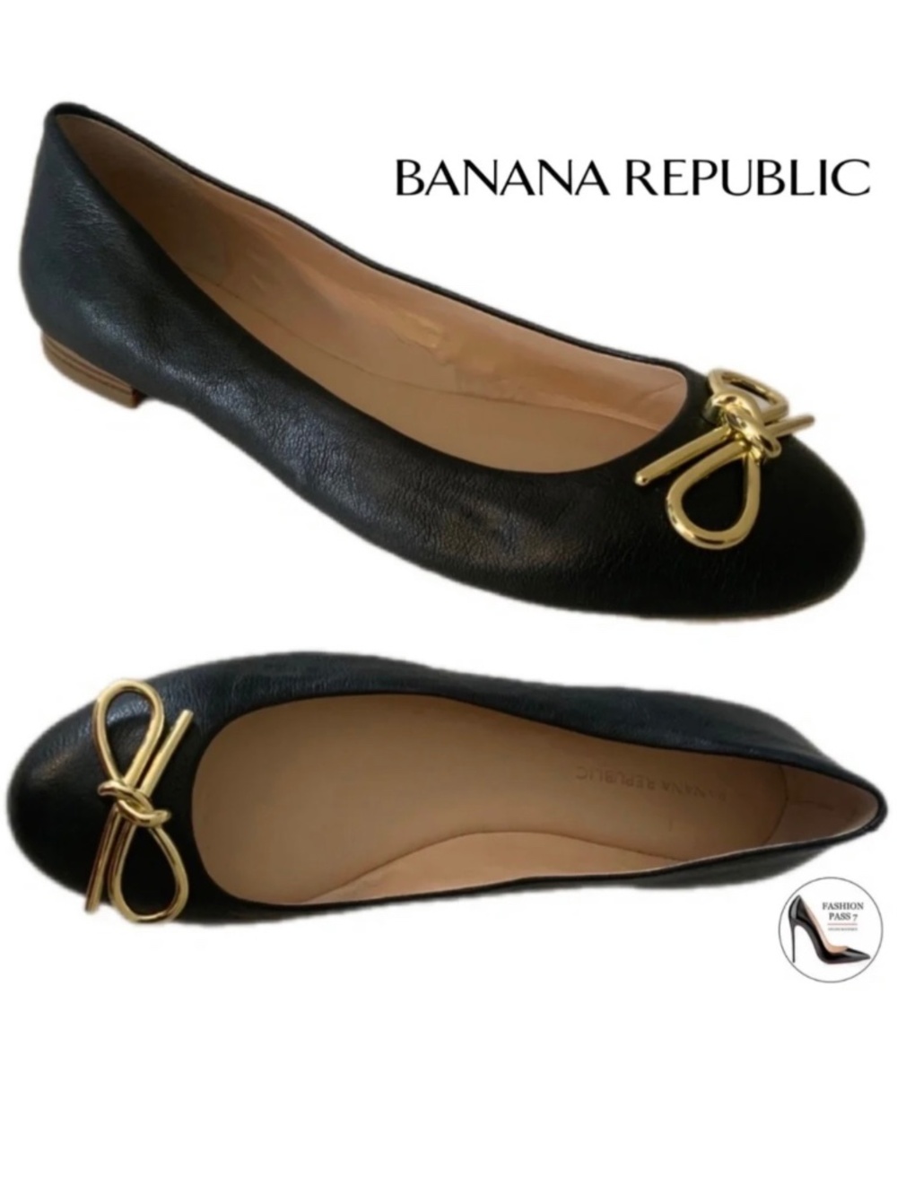BANANA REPUBLIC BLACK LEATHER BALLET FLATS WITH METAL GOLD BOW Dress Shoes 8